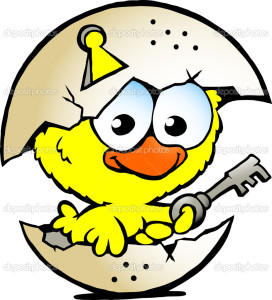 Hand-drawn Vector illustration of an cute baby chicken sitting in eggshell